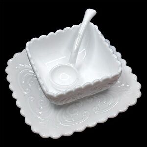 White milk glass Challinor & Taylor Scroll relish dish plate serving spoon rare